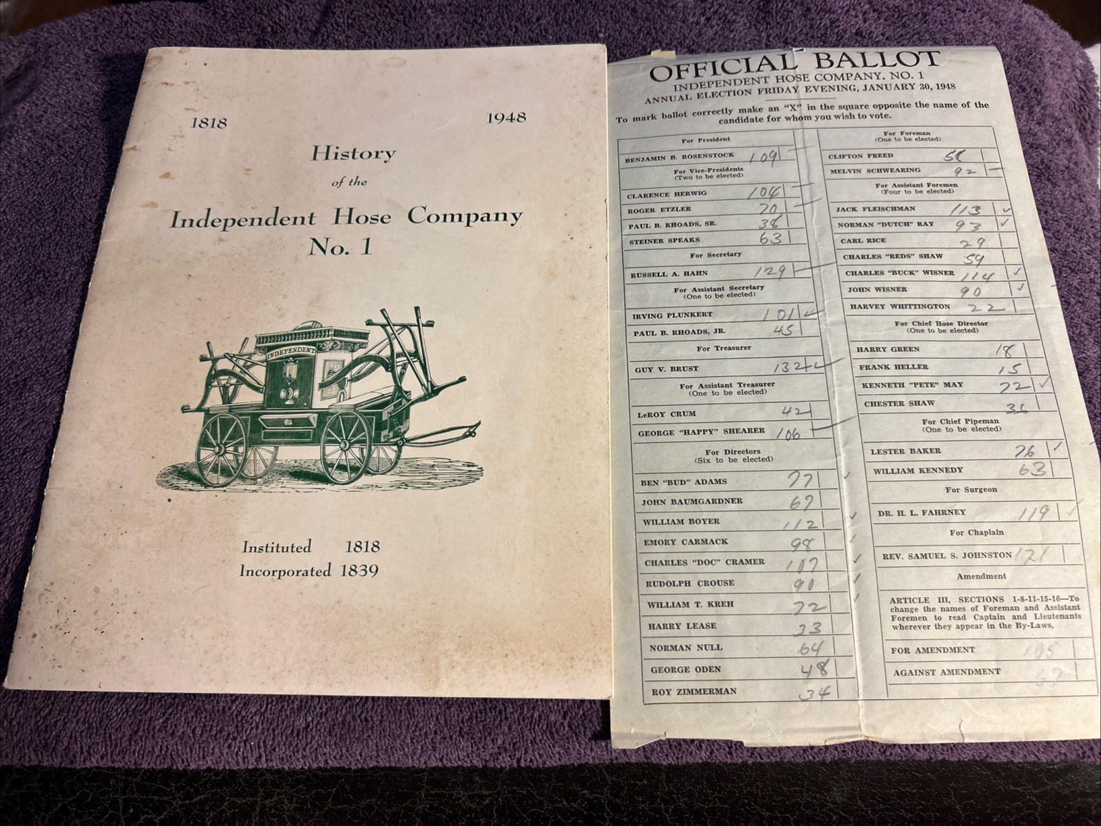 1818-1948 History of the Independent Hose Company Frederick Md With Ballot
