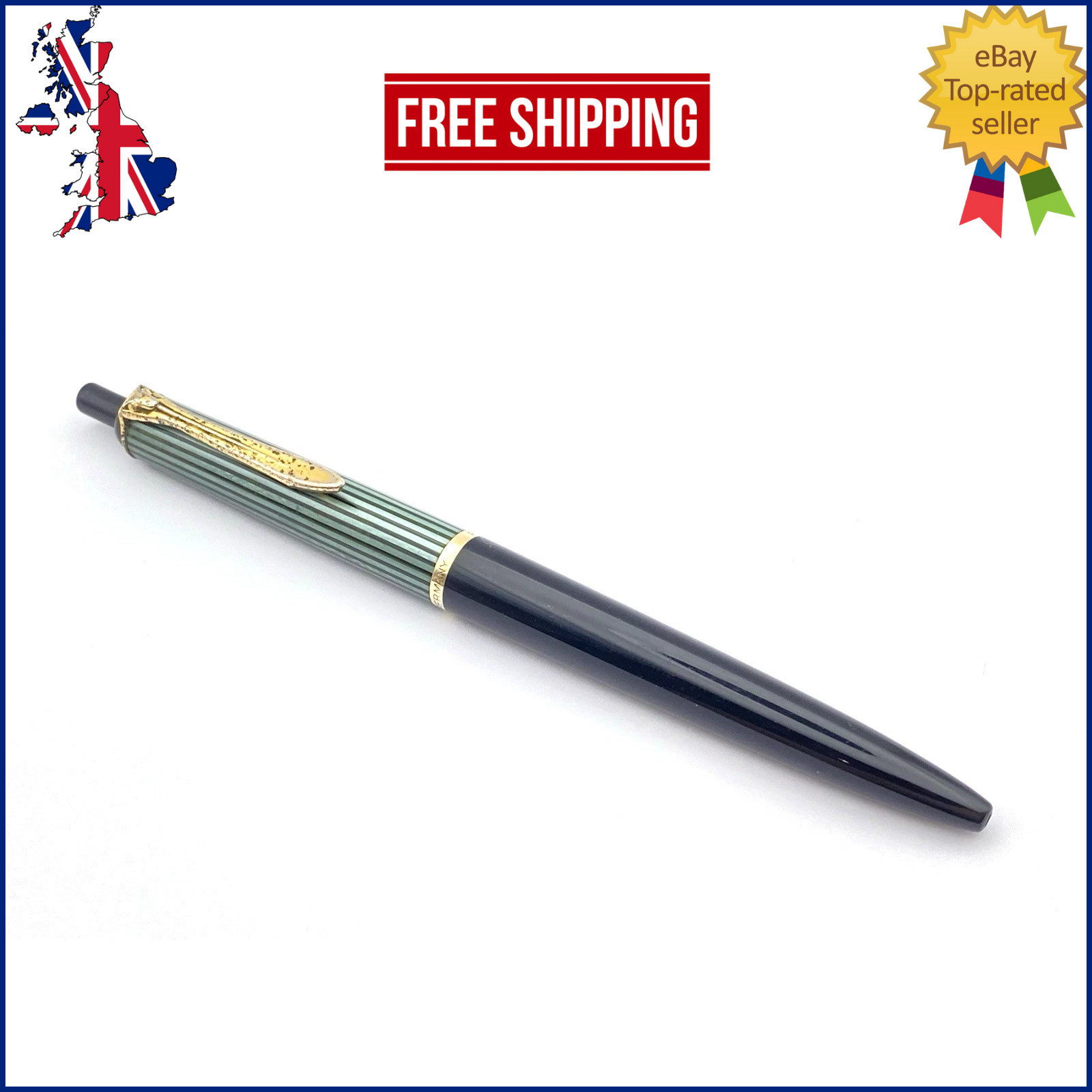 VINTAGE PELIKAN 455 BALLPOINT PEN GREEN STRIPES GOLD TRIM MADE IN GERMANY SB