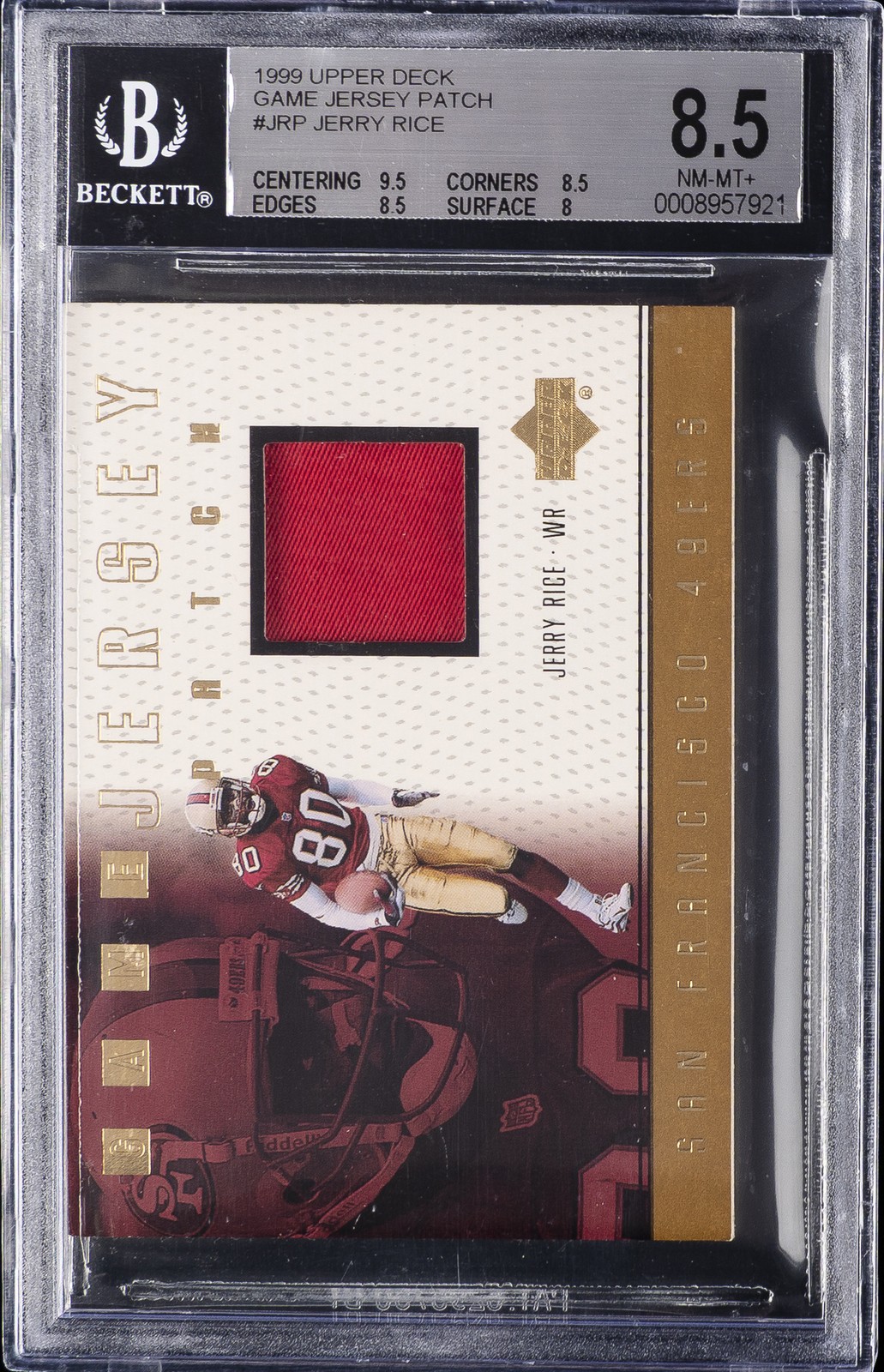 1999 UD GAME JERSEY PATCH #JR-P JERRY RICE BGS 8.5