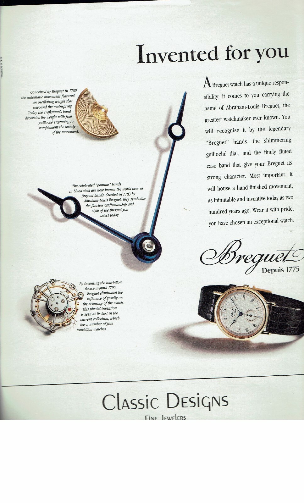 Breguet Watch Depuis 1775, PRINT AD FROM 1998 MAGAZINE Invented Components