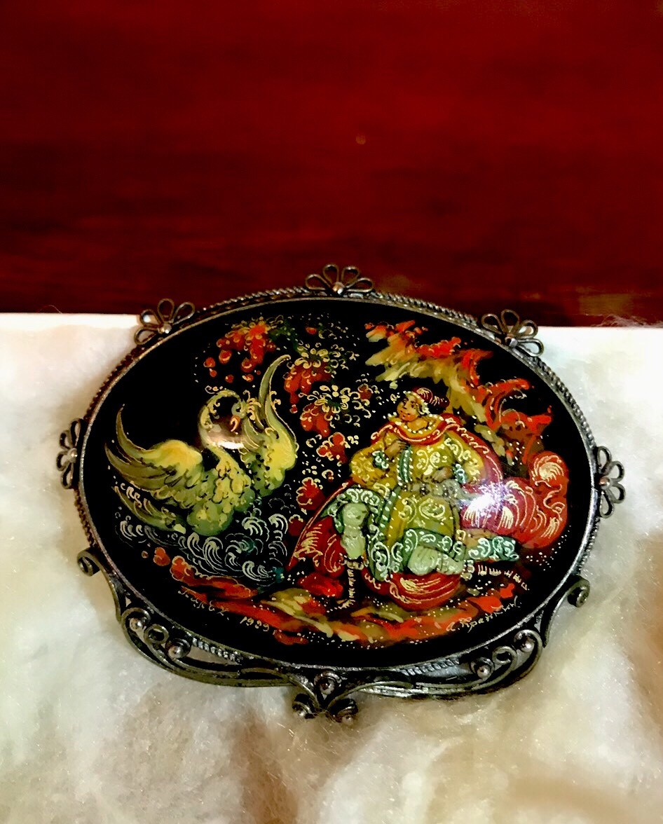 Palekh Russian Lacquer Jewelry By Famous Nikolai Kraykin, Rare And Very Unique Palekh Russian Lacquer Jewelry By Famous Nikolai Kraykin, Rare And Very Unique