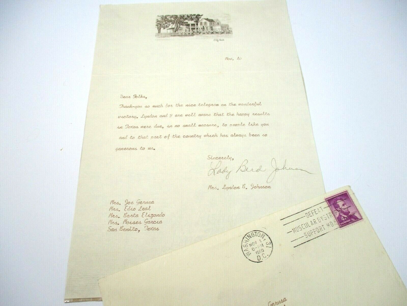 LADY BIRD JOHNSON's CELEBRATION LETTER OF JOHN F. KENNEDY'S PRESIDENTIAL WIN