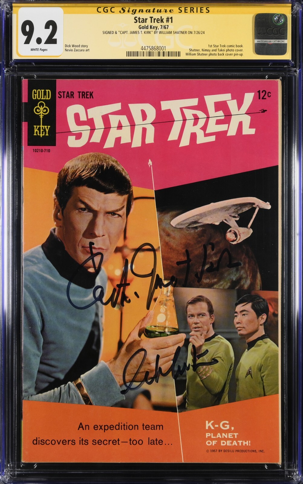STAR TREK #1 CGC 9.2 SS,  Highest copy signed by SHATNER, 1967 White pages. RARE