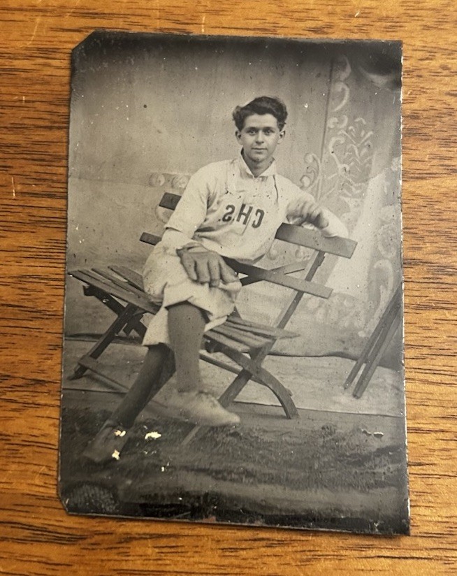 Original 1900s Baseball Tintype Player W/ Glove Sitting On Bench Clear Photo