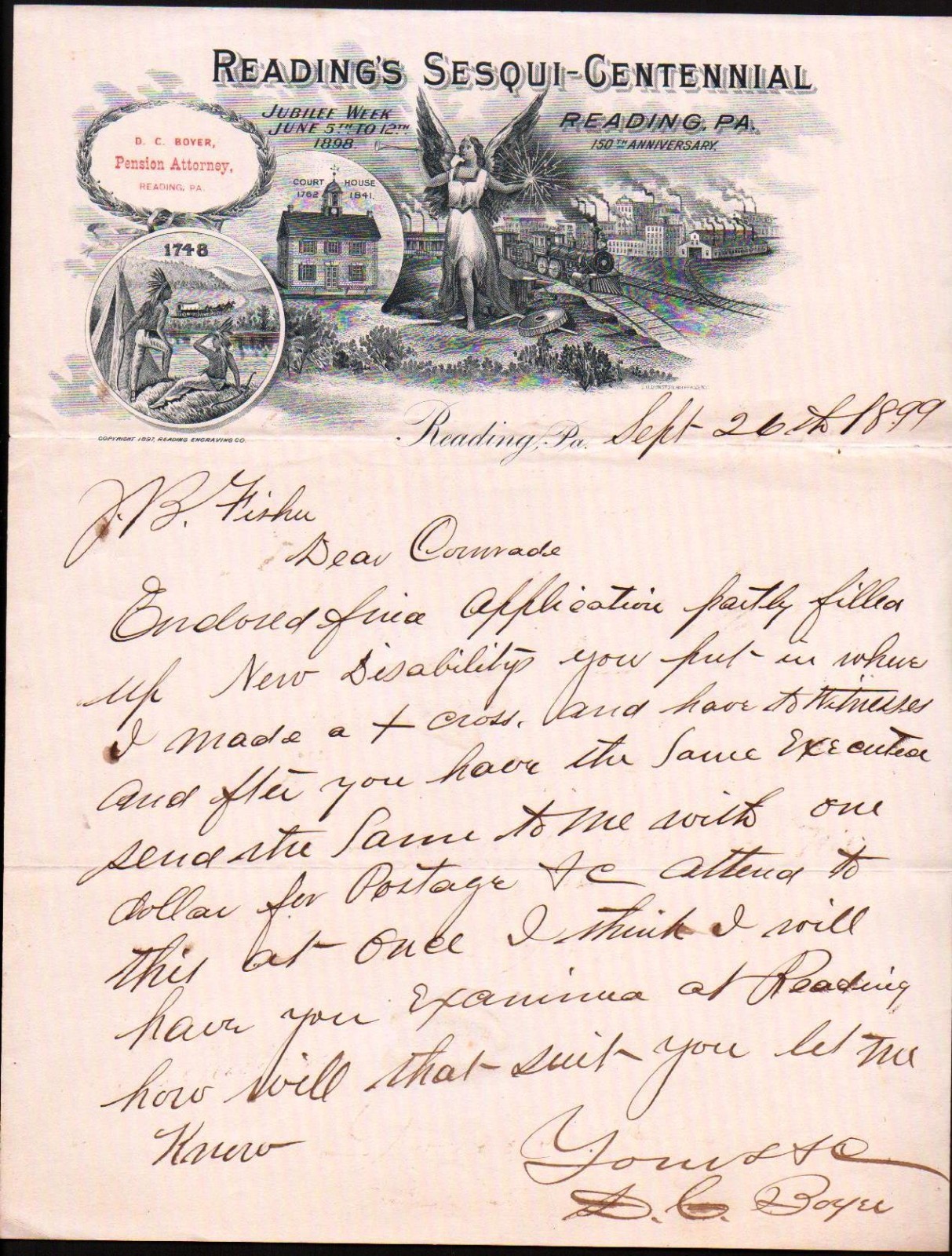 1899 Reading - Reading's Sesqui Centennial - D C Boyer Attorney Letter Head Bill 1899 Reading - Reading's Sesqui Centennial - D C Boyer Attorney Letter Head Bill