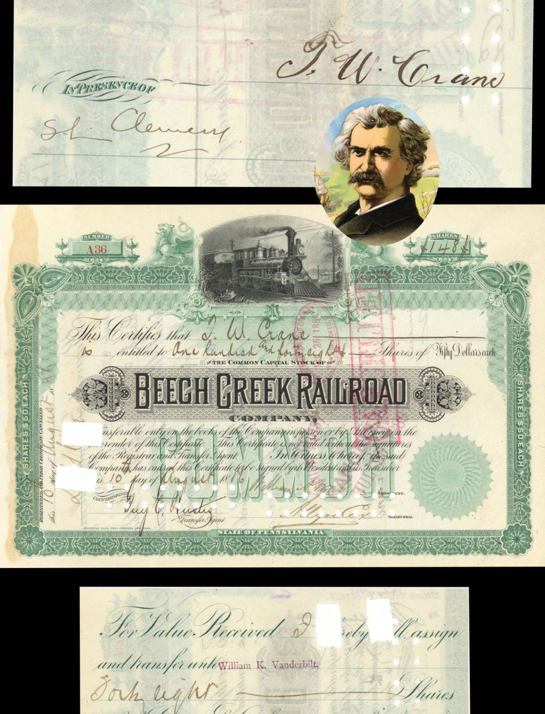 Beech Creek Railroad Co. signed by Samuel Clemens - Mark Twain - 1886-1889 dat Beech Creek Railroad Co. signed by Samuel Clemens - Mark Twain - 1886-1889 dat
