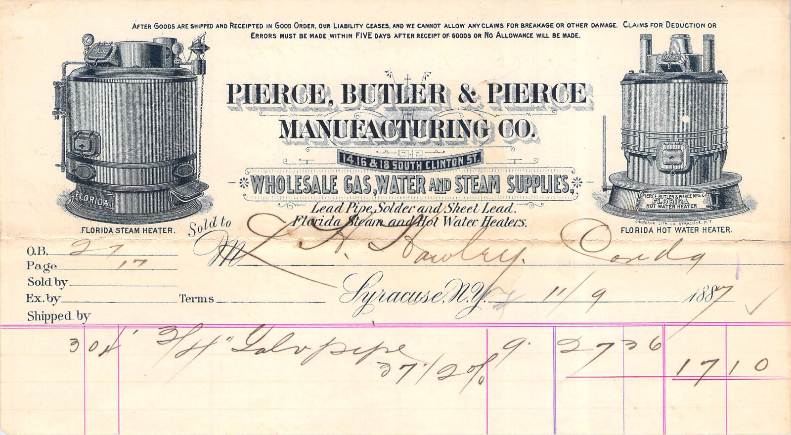 1887 PIERCE BUTLER BOILER FLORIDA STEAM HEATER GAS APPARATUS SYRACUSE NEW YORK