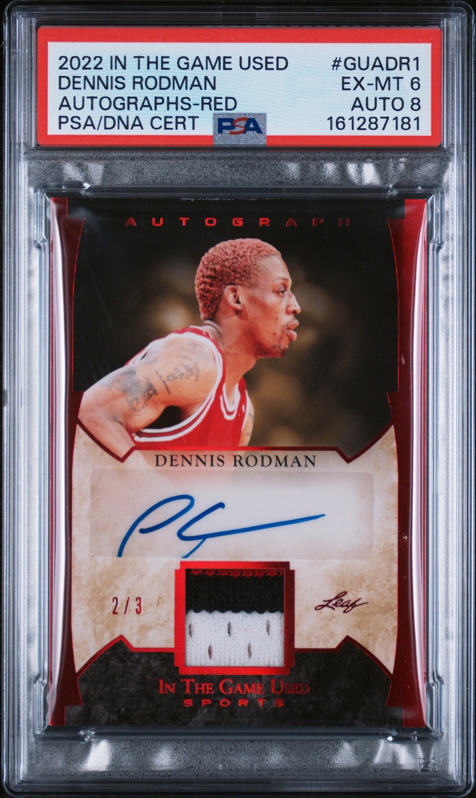 2022 LEAF IN THE GAME USED AUTOS RED #GUADR1 DENNIS RODMAN 2/3 PSA 6 AUTO 8