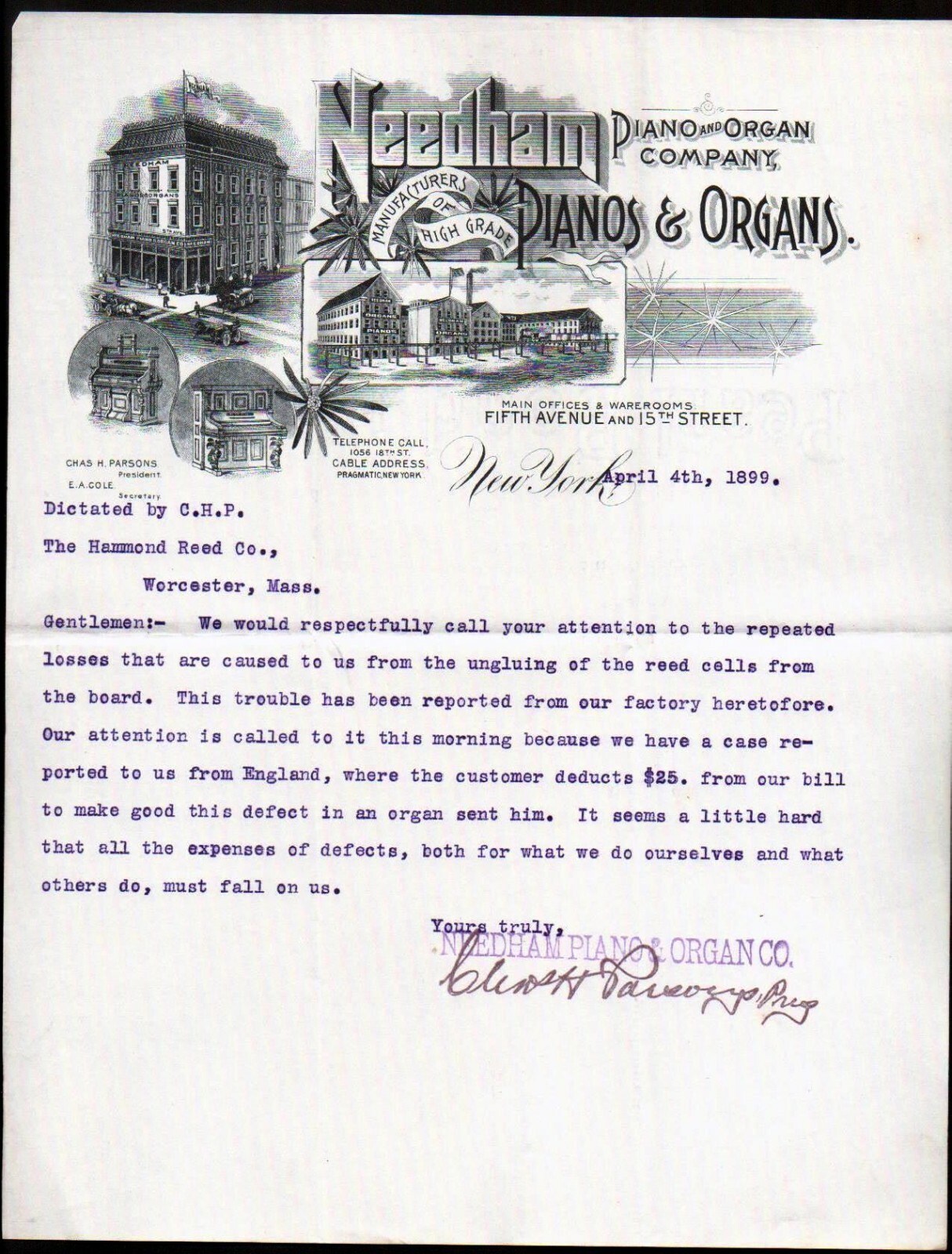 Needham Piano and Organ Co  1899 New York - SPECTACULAR Letter head Bill