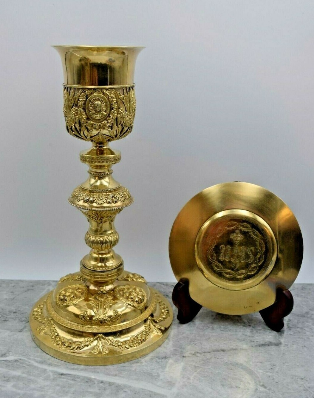 + Ornate Vintage French Baroque Chalice & Paten, c.1880's, All Sterling (AHB36)