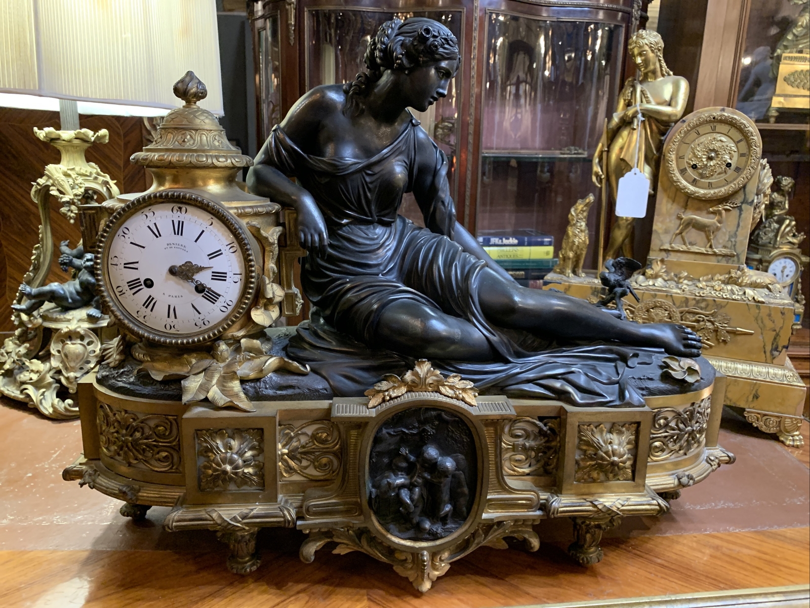 ANTIQUE PALATIAL  FRENCH GILDED BRONZE MANTEL CLOCK, C.1880  S. DENIERE
