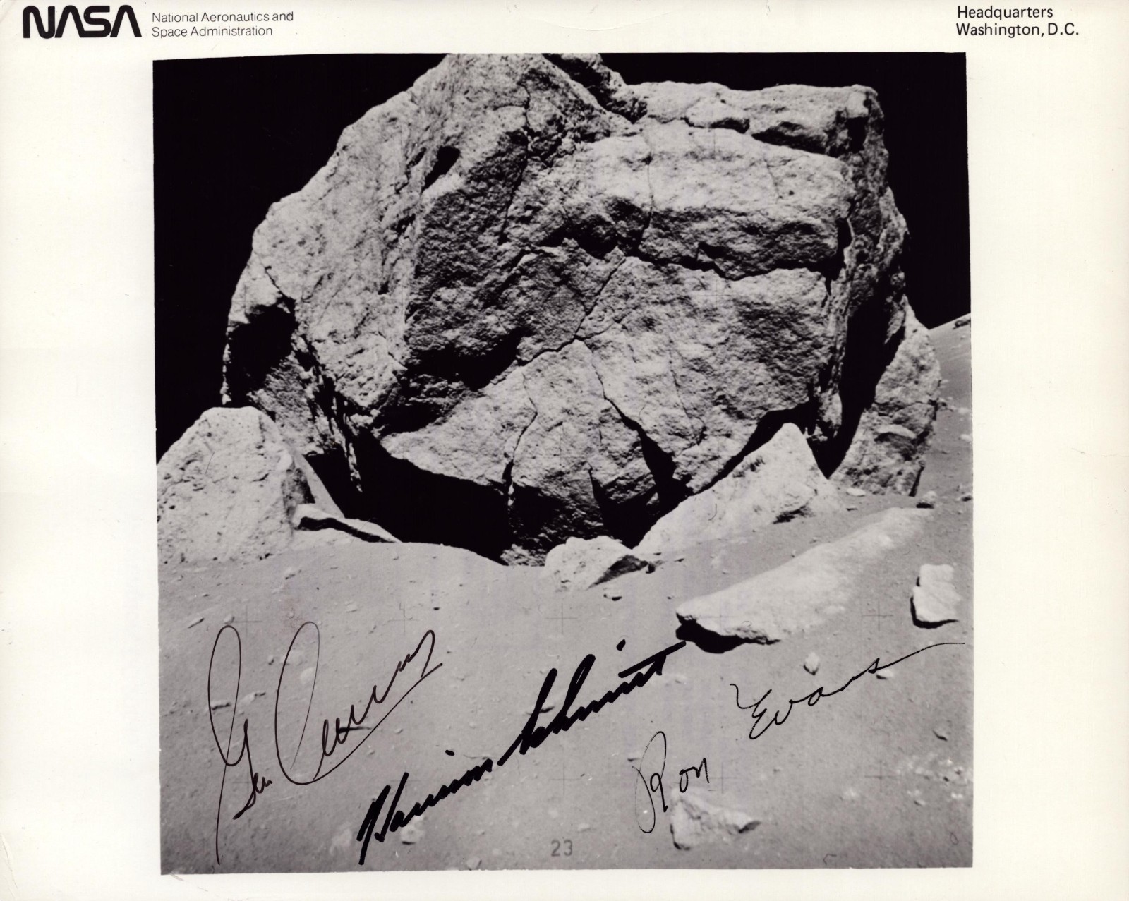 APOLLO 17 CREW SIGNED NASA PHOTOGRAPH OF LARGE BOULDER ON THE MOON