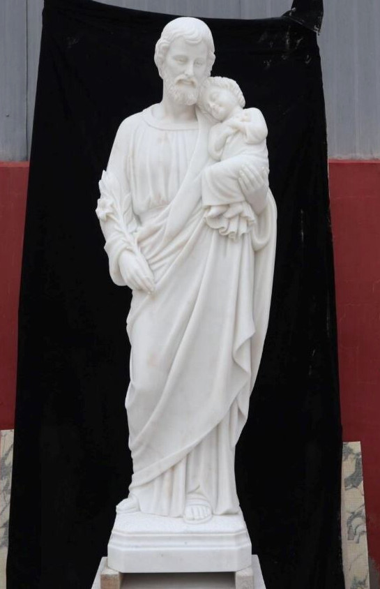 Nice Life Size Carved Marble Statue of St. Joseph with Child, 6' - TF550 Nice Life Size Carved Marble Statue of St. Joseph with Child, 6' - TF550