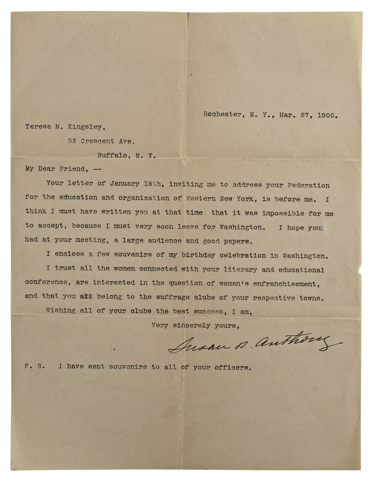 Susan B. Anthony Authentic Signed 8.25x10.75 1900 Letter BAS #AB14682 Susan B. Anthony Authentic Signed 8.25x10.75 1900 Letter BAS #AB14682