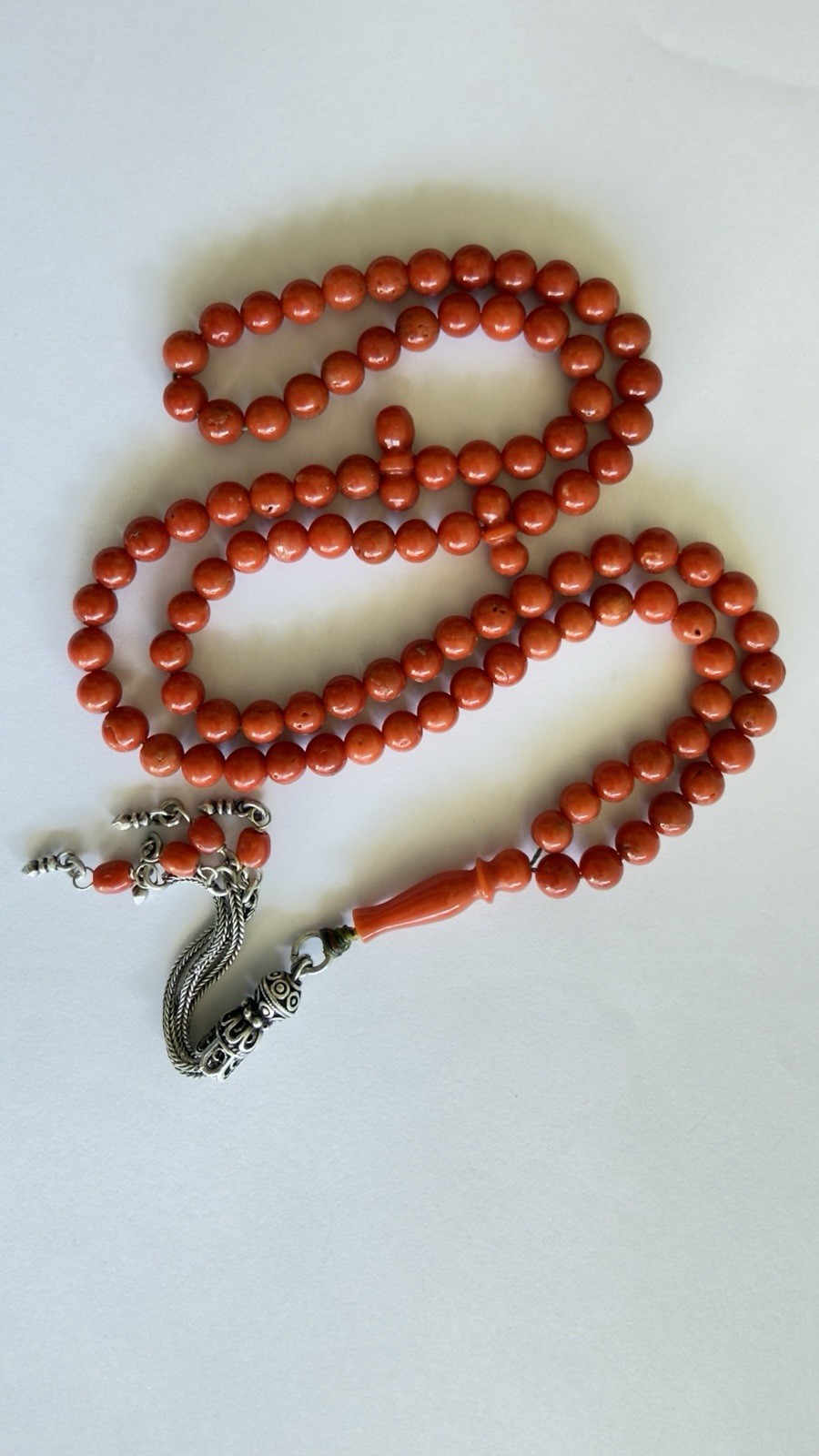 Antique Mediterranean red coral Silver Tassel islamic prayer 99 beads 46 grms R Antique Mediterranean red coral Silver Tassel islamic prayer 99 beads 46 grms R