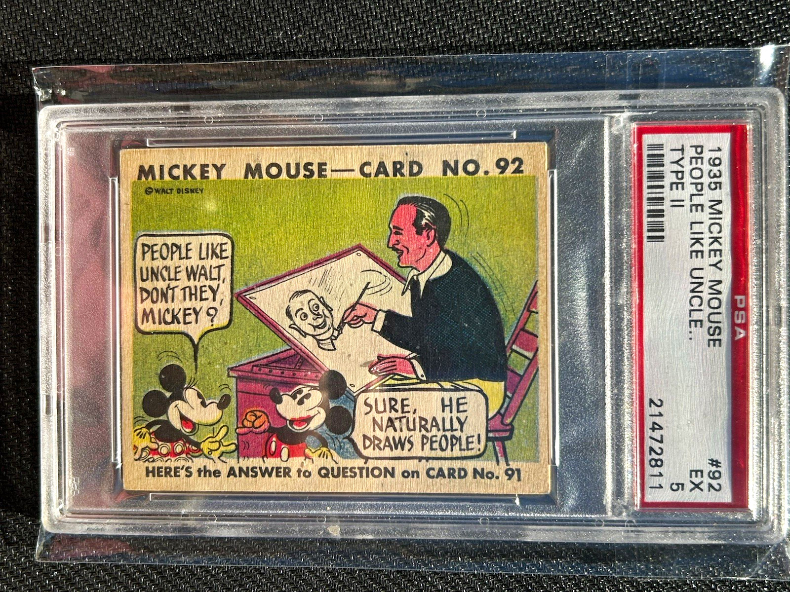 1935 Disney Mickey Mouse Gum Card #92 People Like Uncle Walt Type II PSA 5 EX 1935 Disney Mickey Mouse Gum Card #92 People Like Uncle Walt Type II PSA 5 EX