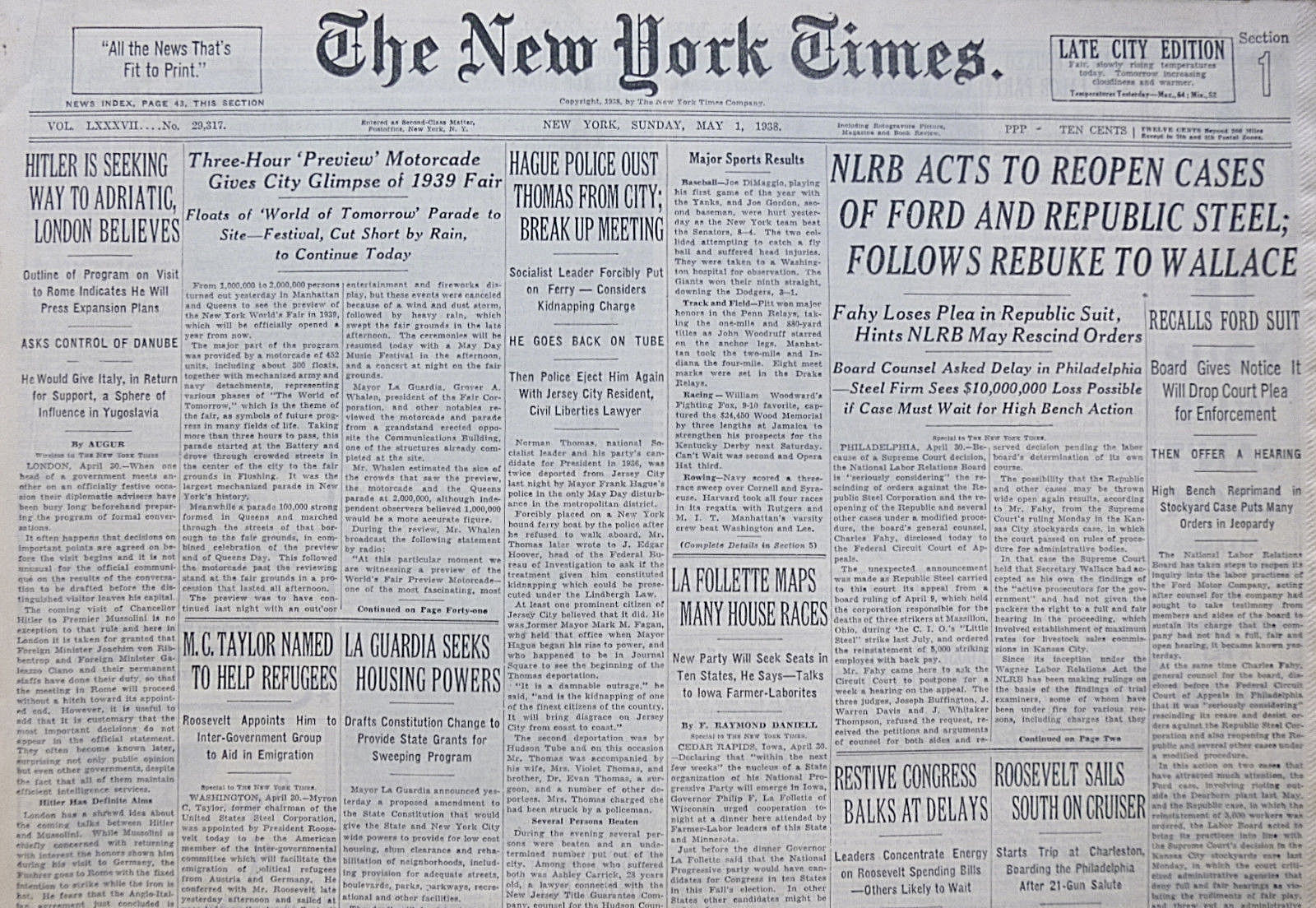 5-1938 May 1 HITLER SEEKING WAY TO ADRIATIC; WORLD TRADE FAIR DIMAGGIO YANKEES 5-1938 May 1 HITLER SEEKING WAY TO ADRIATIC; WORLD TRADE FAIR DIMAGGIO YANKEES