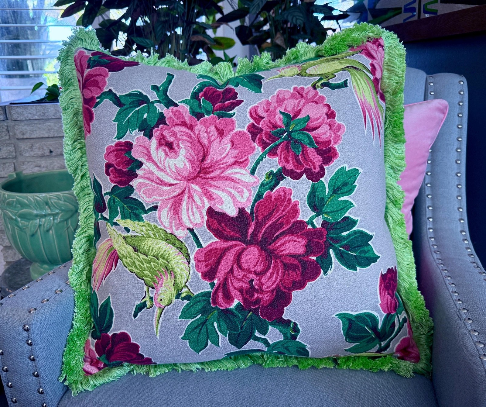 1930's Juicy Blooms & Birds Hollywood GLAM Barkcloth Pillow Cover Vintage Fabric 1930's Juicy Blooms & Birds Hollywood GLAM Barkcloth Pillow Cover Vintage Fabric