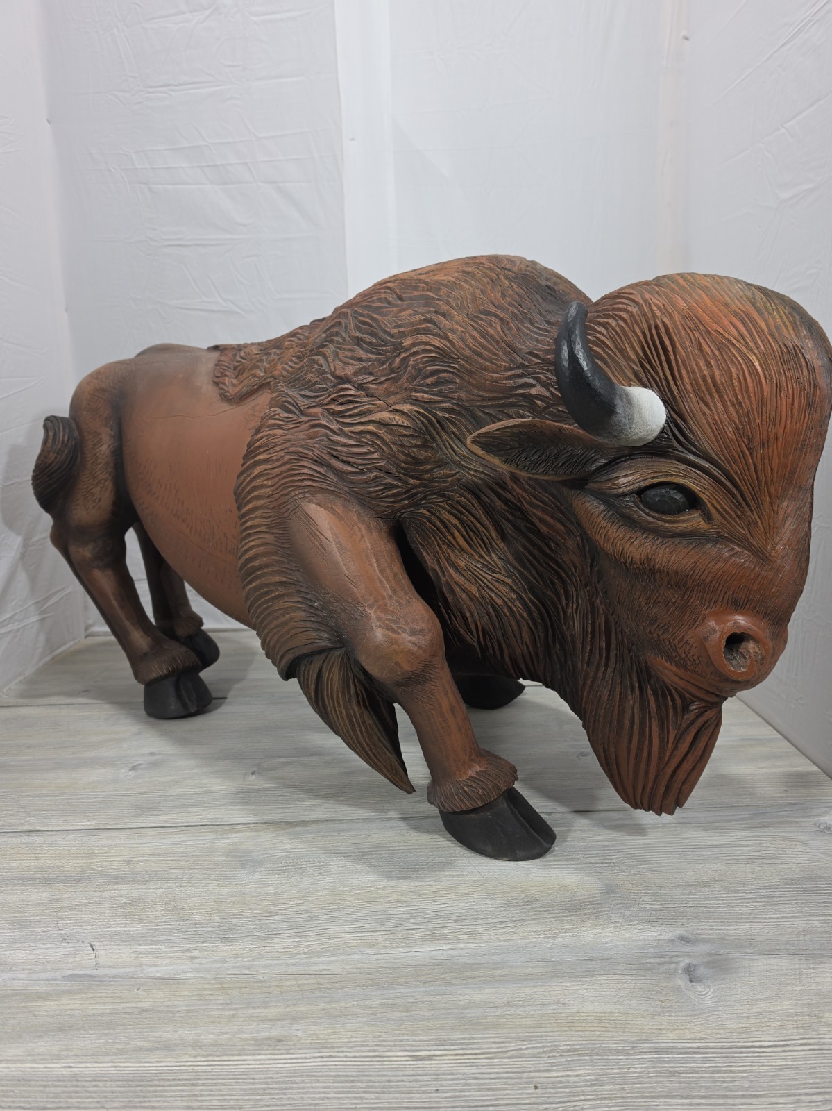 Massive Rare Hand Carved Wooden Bison 4'  Long Out Of Maple Weighs  Over 100 lbs