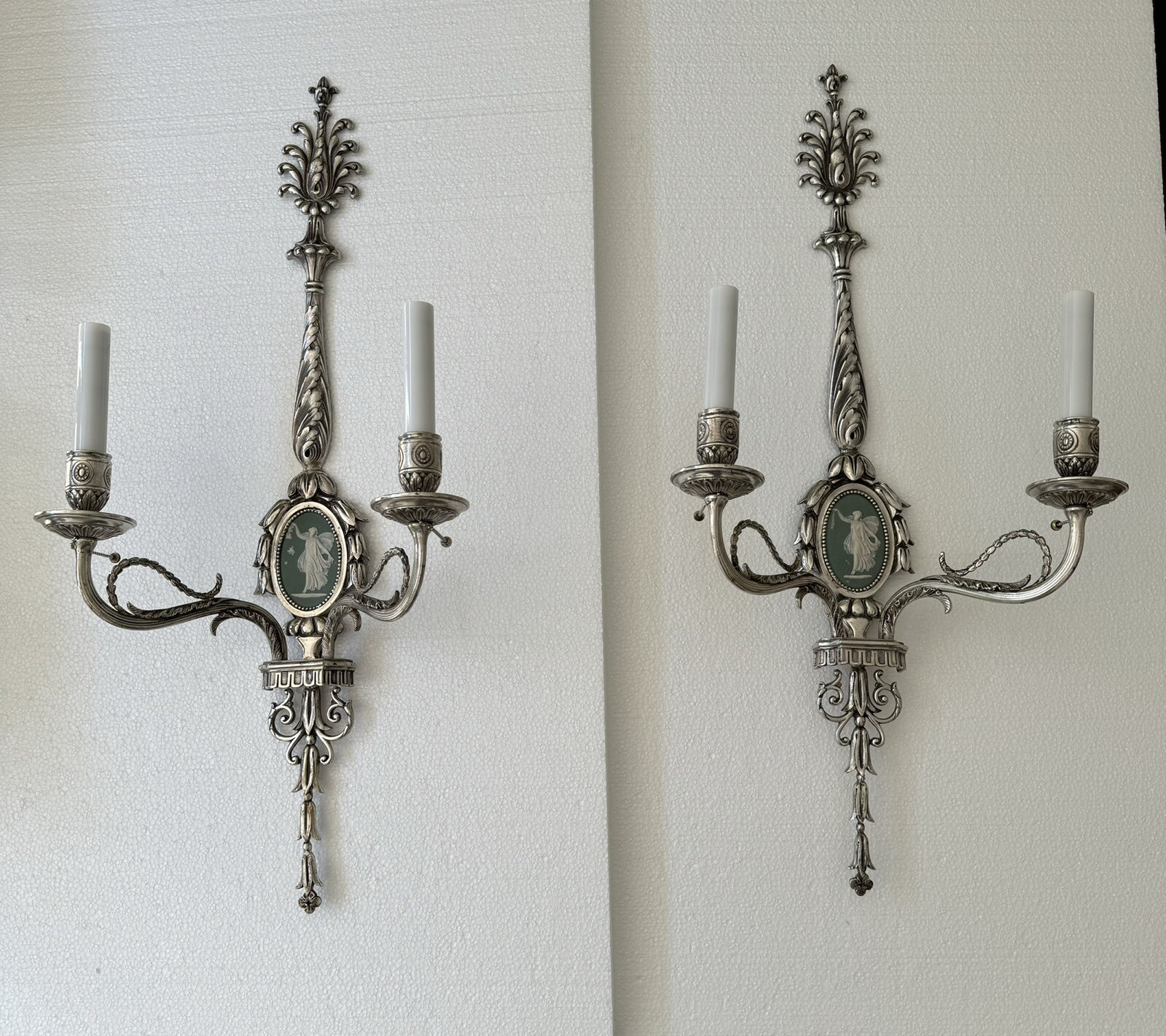 PAIR Wedgwood Antique French Neoclassical Wall Sconces Silver-plate PALATIAL 28”