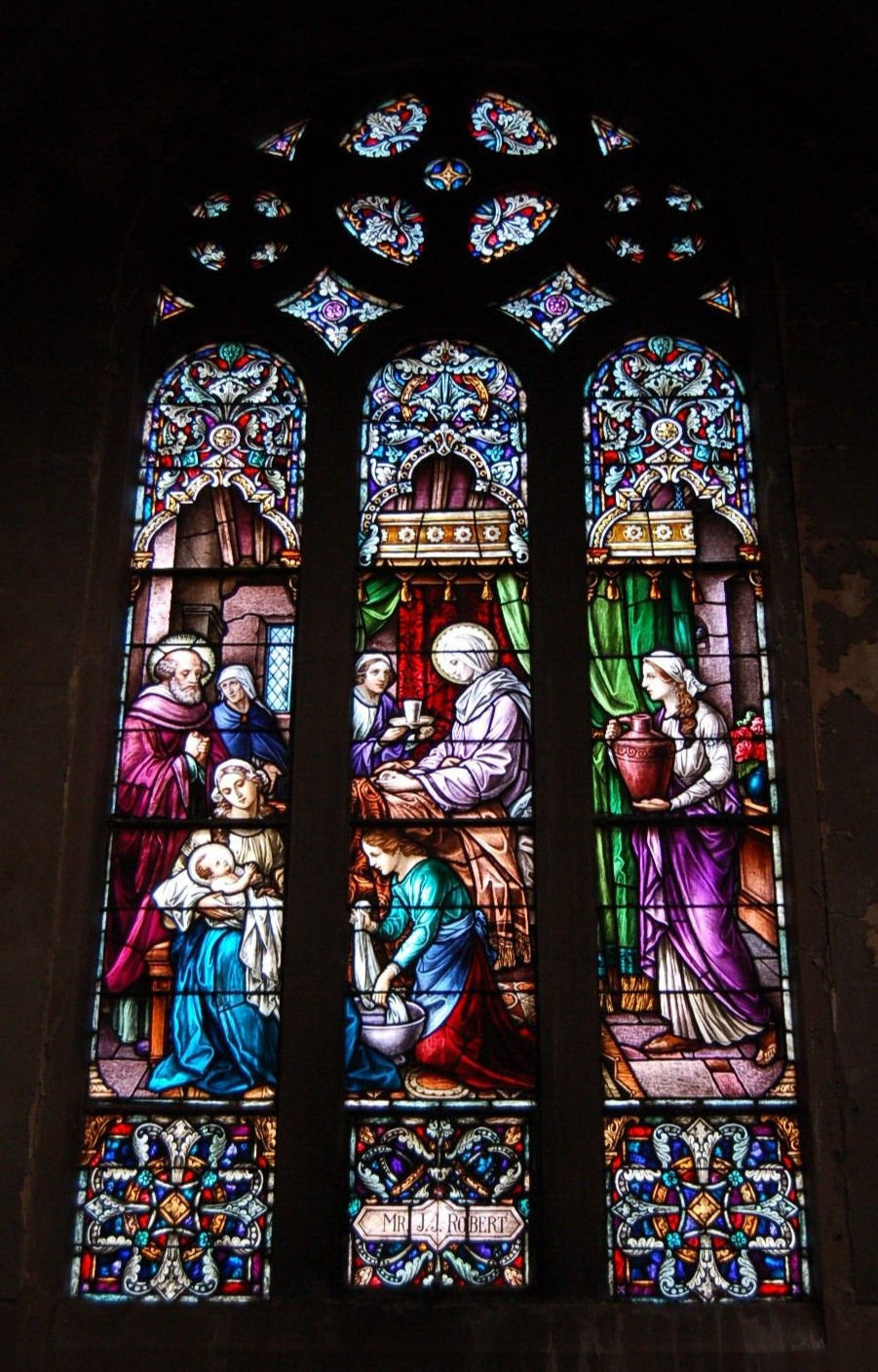 + Antique German Stained Glass Church Window, St. Anne with Mary + (#6S)