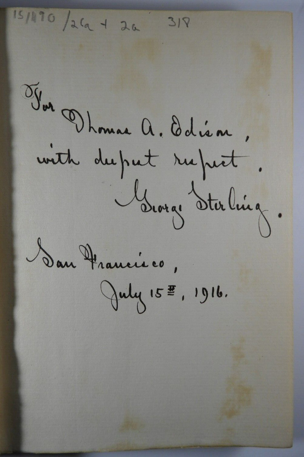 RARE Volume from Thomas Edison's Library, Inscribed by George Sterling to Edison RARE Volume from Thomas Edison's Library, Inscribed by George Sterling to Edison